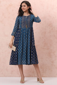 Blue Art Silk Tiered Dress image number 5