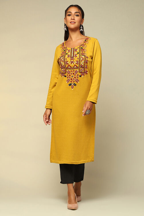 Mustard Acrylic Straight Kurta image number 5