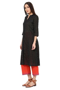 Black A-Line Cotton Kurta image number 2