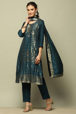 Blue Yarn Dyed Straight Suit Set image number 0