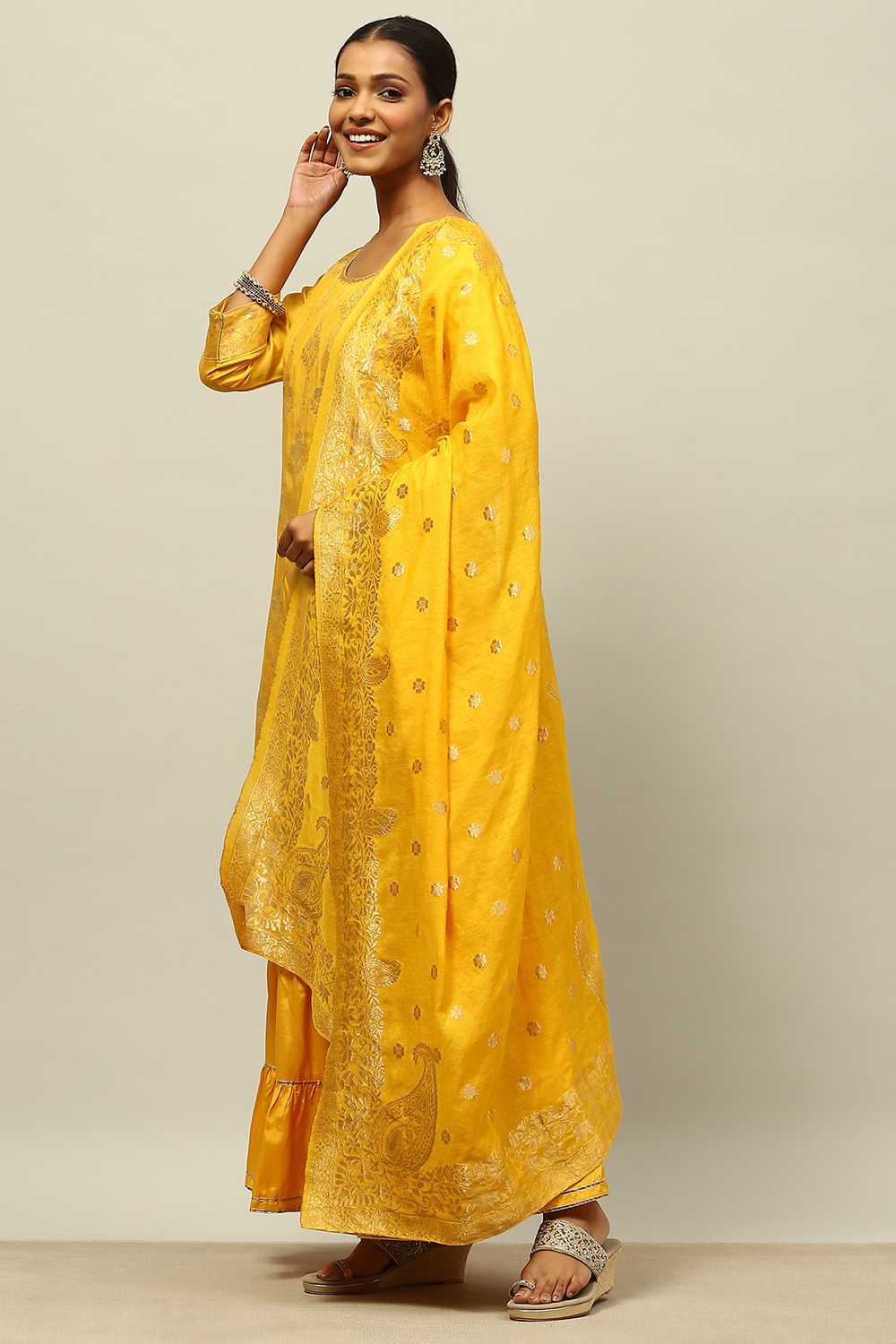 Mustard Yellow Viscose Blend Straight Yarn Dyed Kurta Sharara Suit Set image number 3
