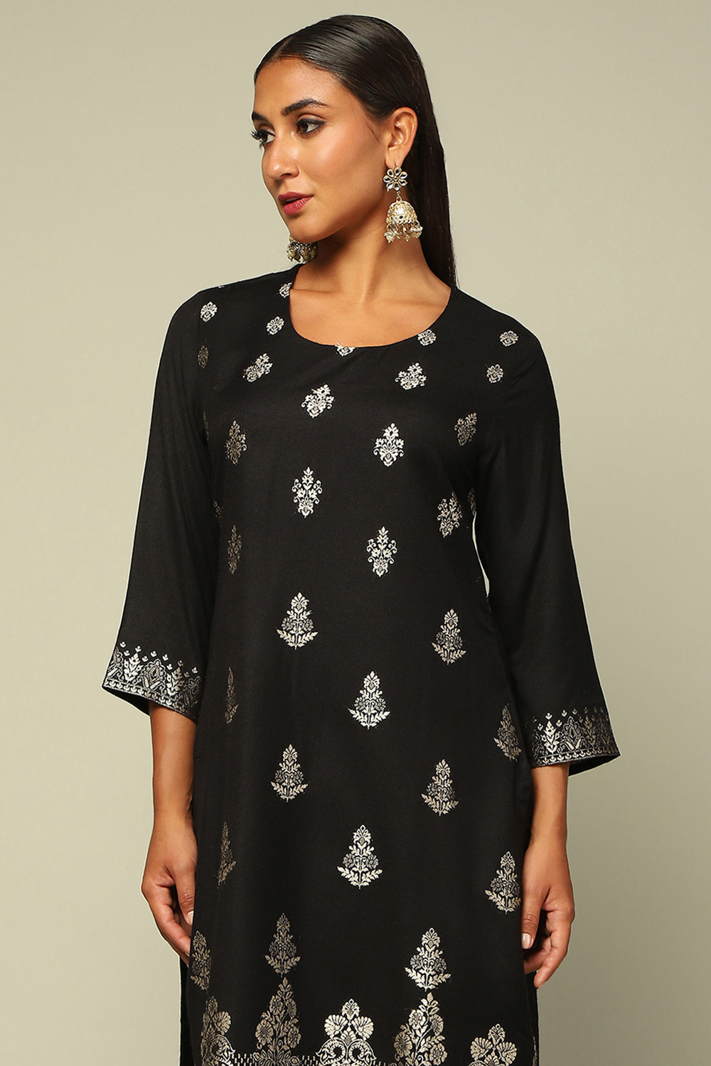 Black Acrylic Straight Yarn Dyed Kurta Palazzo Suit Set image number 1