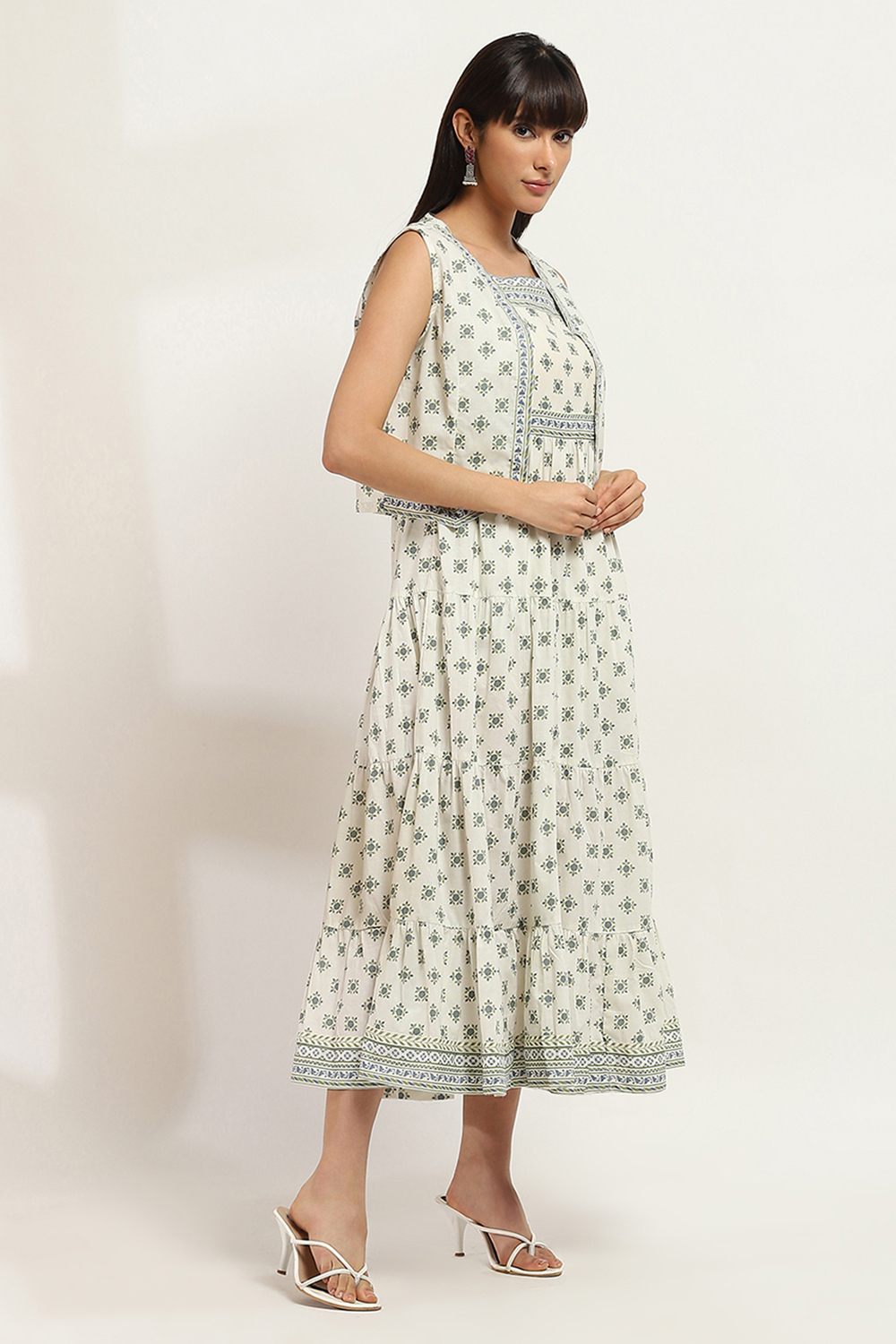Off-White Cotton Printed Tiered Dress image number 4