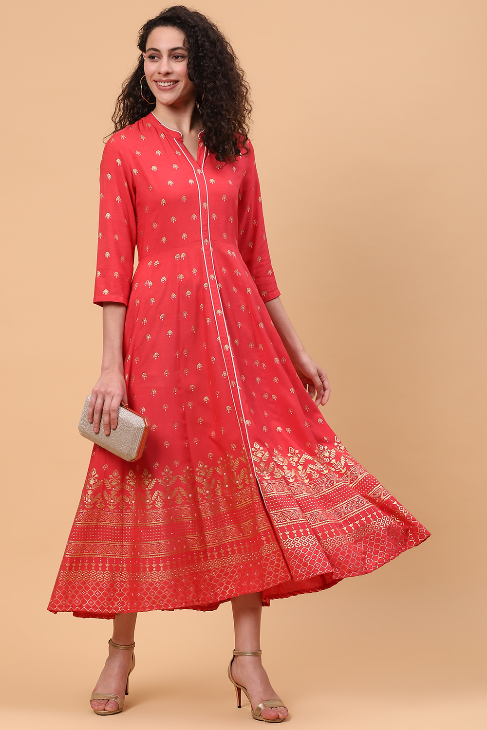 Coral Viscose Rayon Kalidar Dress image number 5