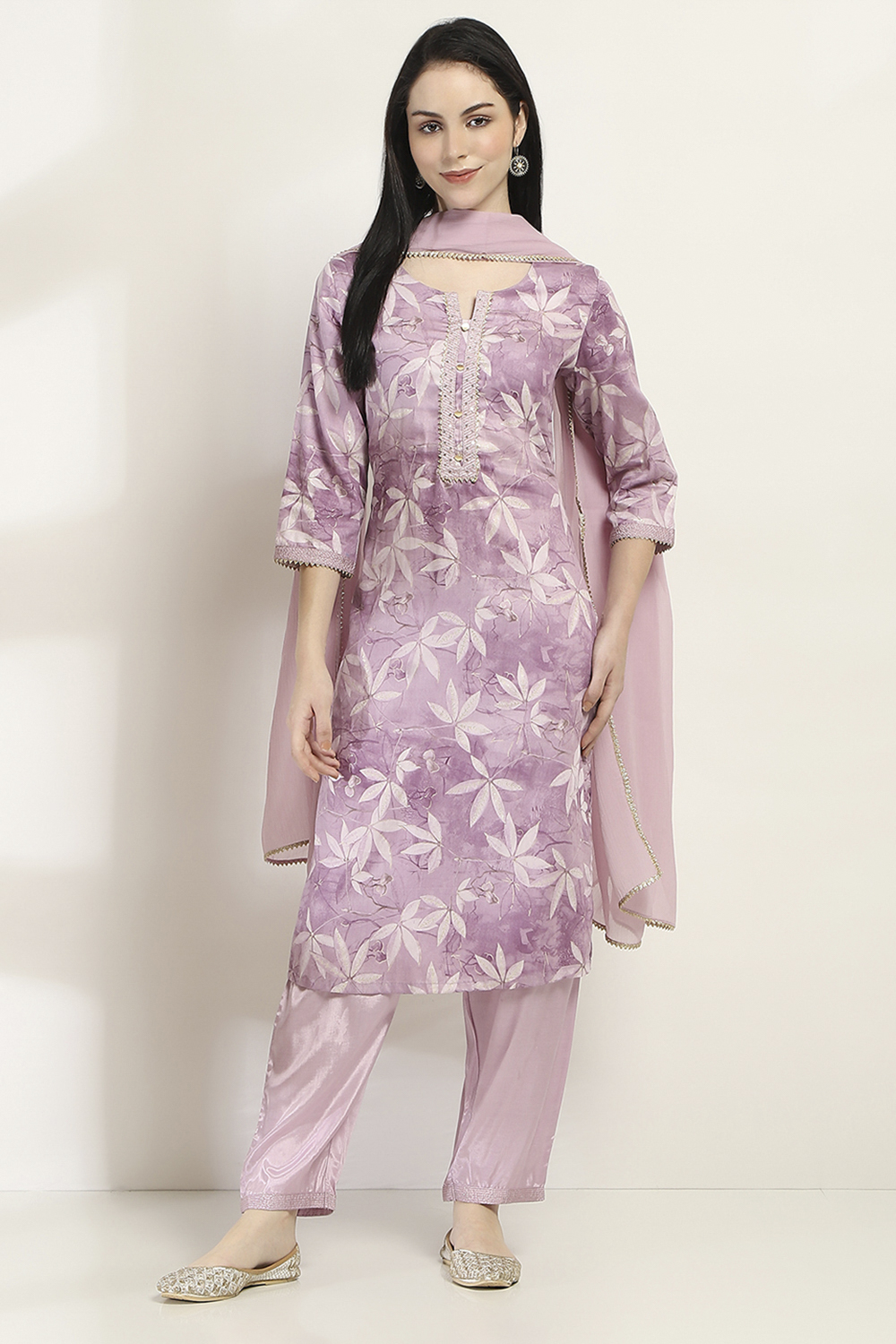 Mauve Cotton Floral Straight Suit Set image number 6