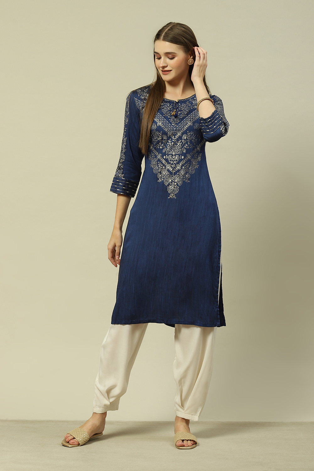 Blue Poly Viscose Straight Printed Kurta image number 5