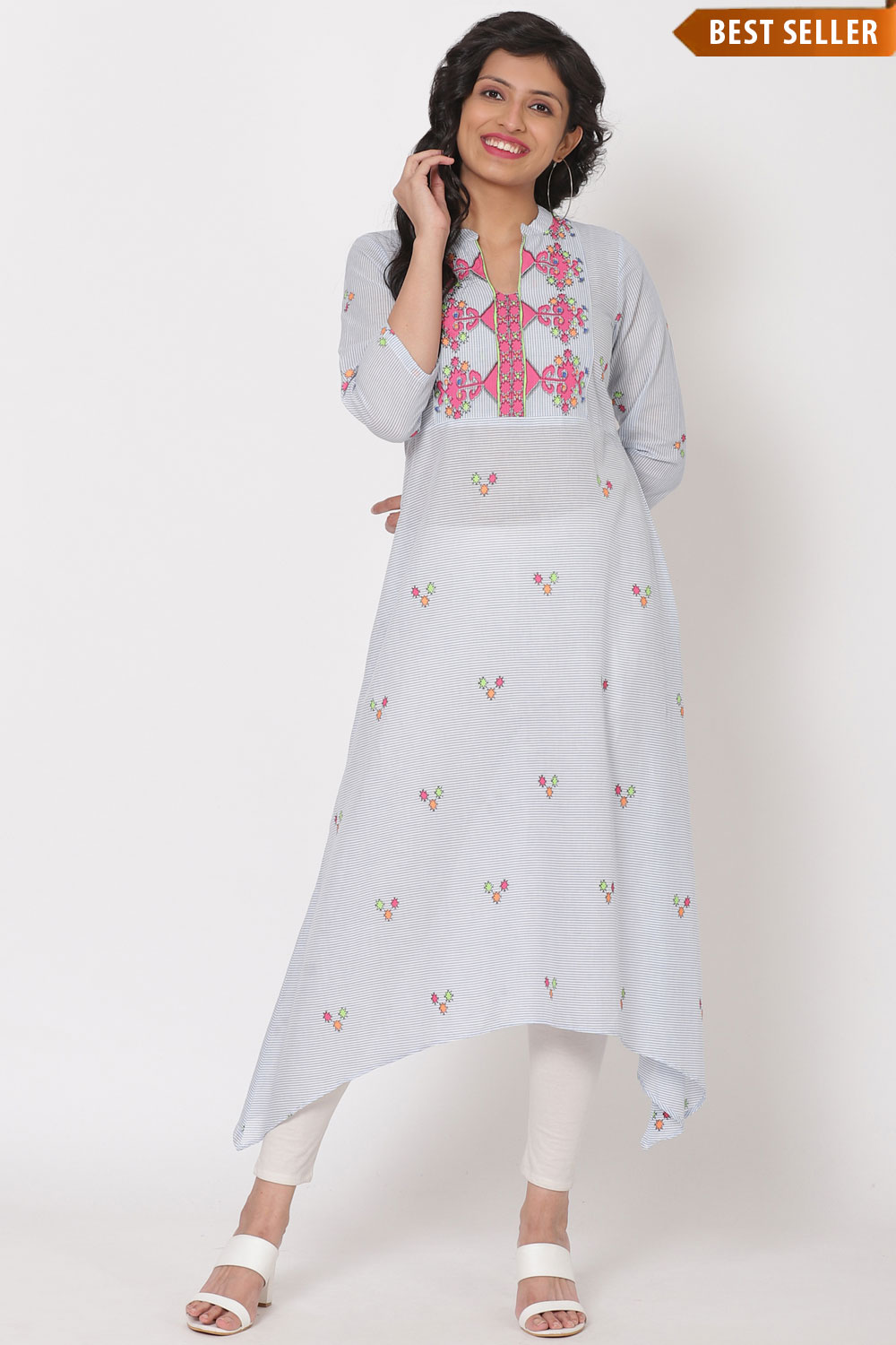 Light Blue Cotton A-Line Kurta image number 0
