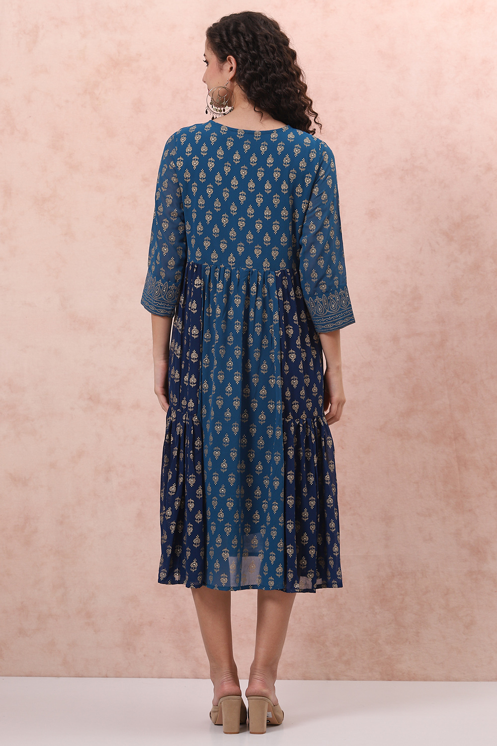 Blue Art Silk Tiered Dress image number 4