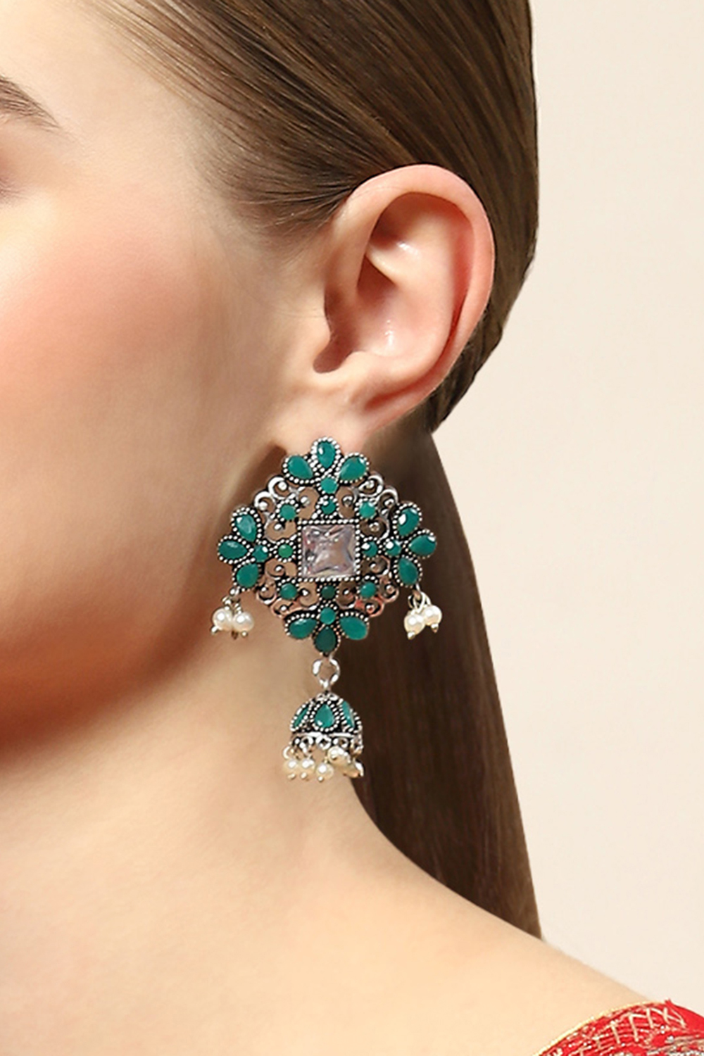 Oxidised Green Brass Earrings image number 3