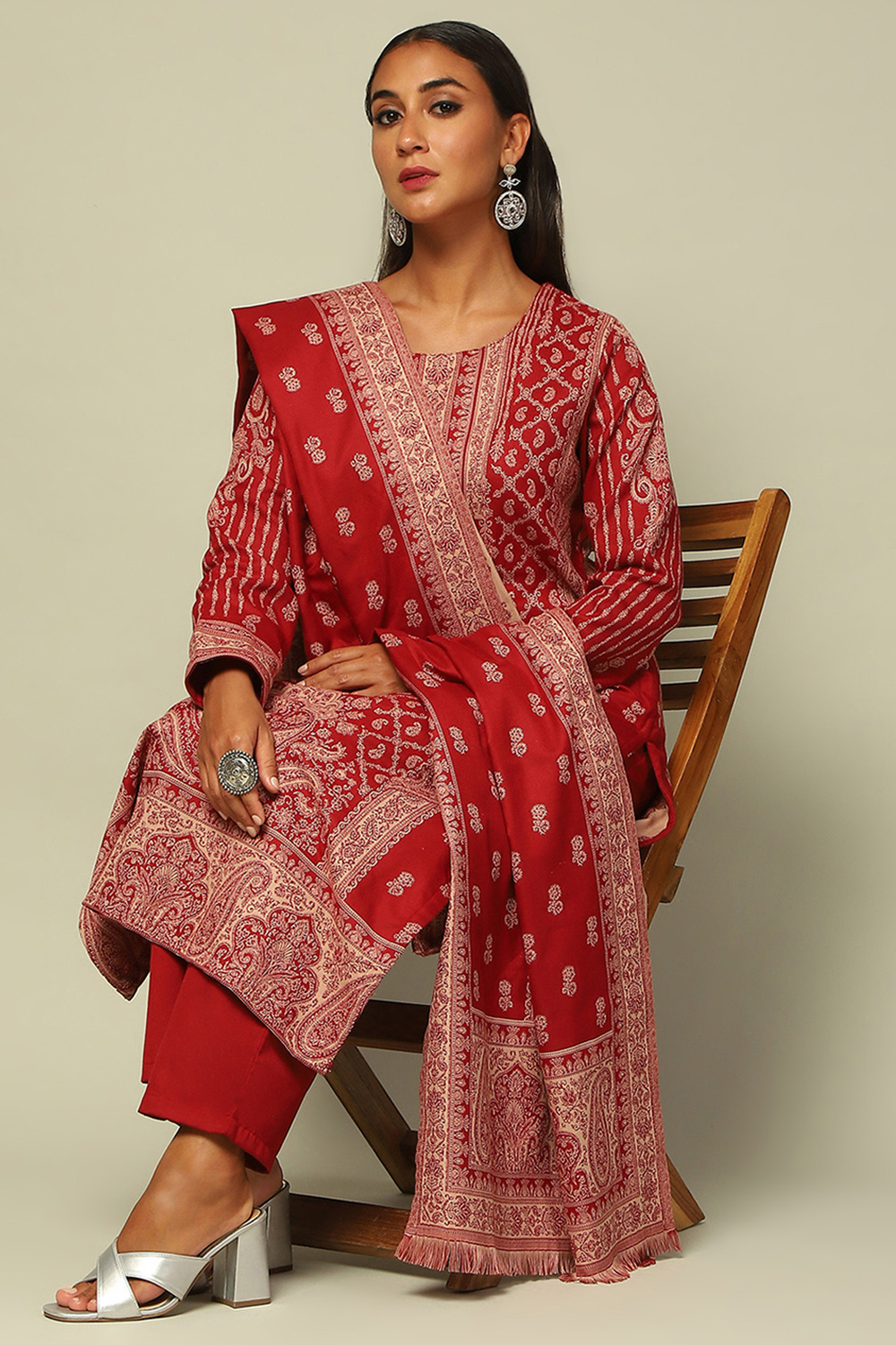 Red Acrylic Straight Yarn Dyed Kurta Palazzo Suit Set image number 0