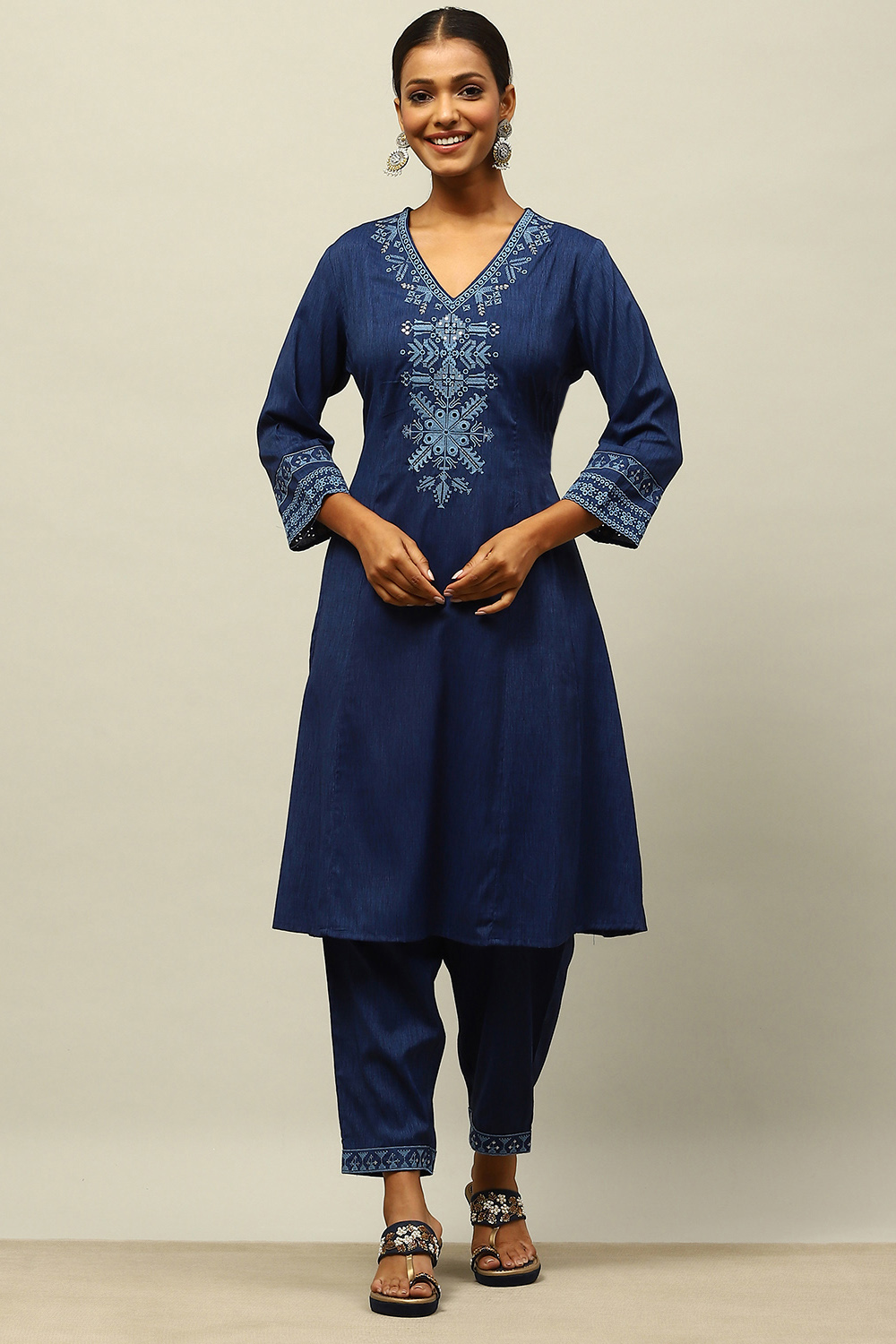 Blue Viscose Blend Straight Embroidered Kurta Palazzo Suit Set image number 0