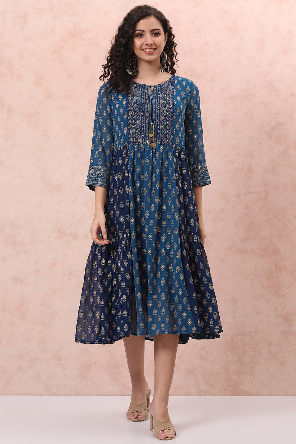 Blue Art Silk Tiered Dress image number 0