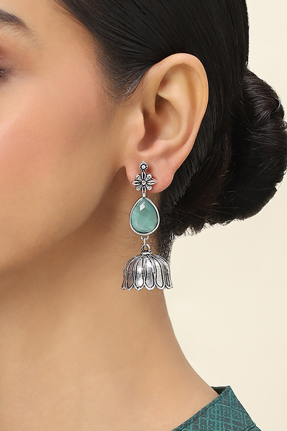 Mint Green Alloy Jhumkas image number 1