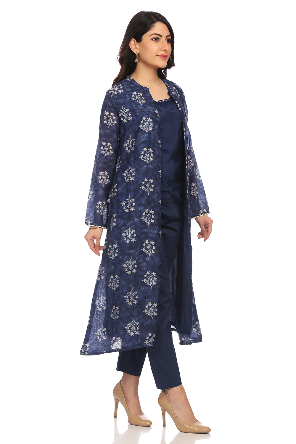 Blue Front Open Poly Chanderi Suit Set image number 2