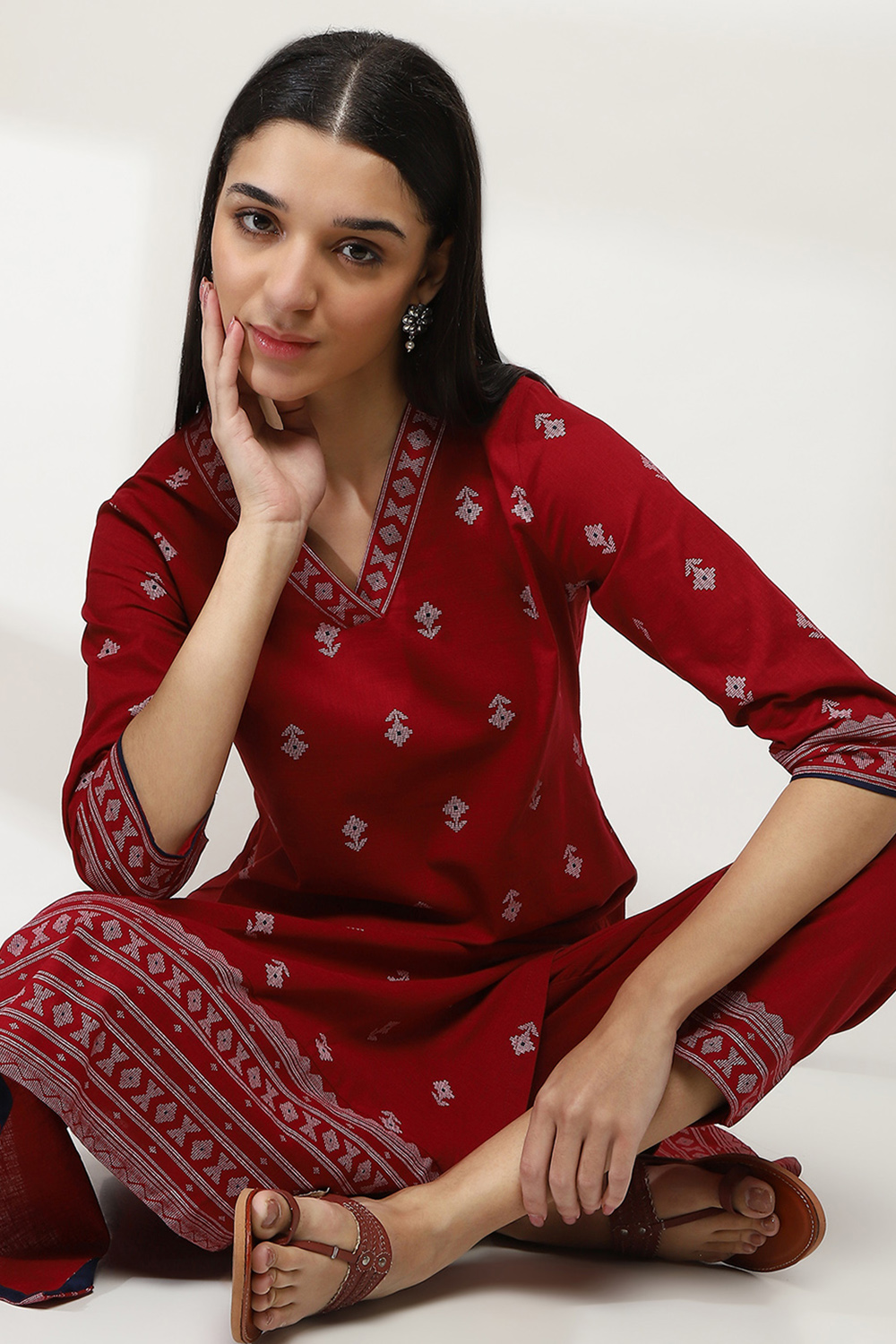 Navy Blue Cotton Printed Straight Kurta Set image number 0